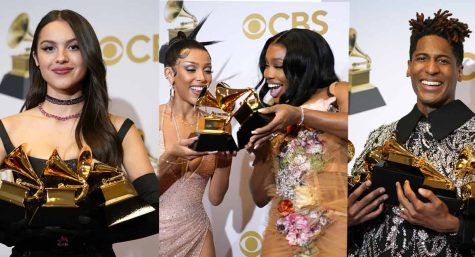 Olivia Rodrigo, Doja Cat, SZA, and Jon Batiste pose with their Grammys follwing their wins. 