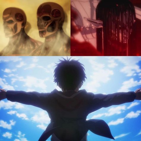 (Top) Erens founding Titan leading the army of colossal titans. (Bottom) Eren finally achieving freedom, at a terrible cost.