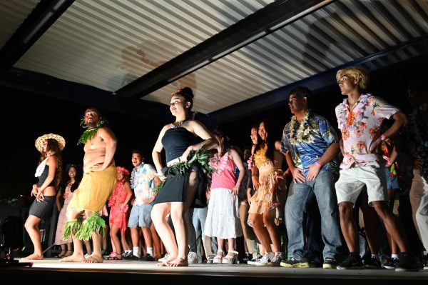 Seniors volunteered to hula on stage at Senior Luau.