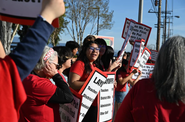 Students rallied one morning in the spring at Cypress High School to bring attention to the layoff crisis.