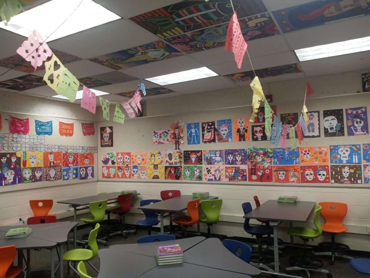 Mrs. Rubio's classroom decorated for Día de los Muertos.