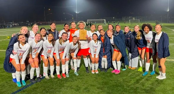 Cypress High School girls soccer team celebrates their win against Fairmont with a score of 1-0.