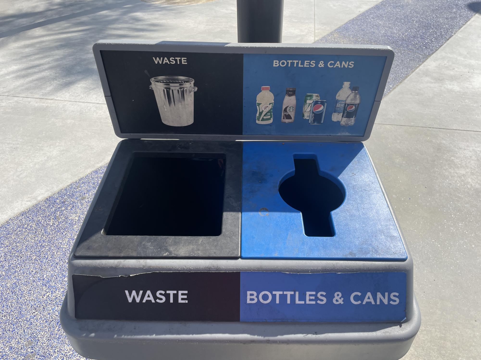 In the quad, the bins are separated by trash and recycle.