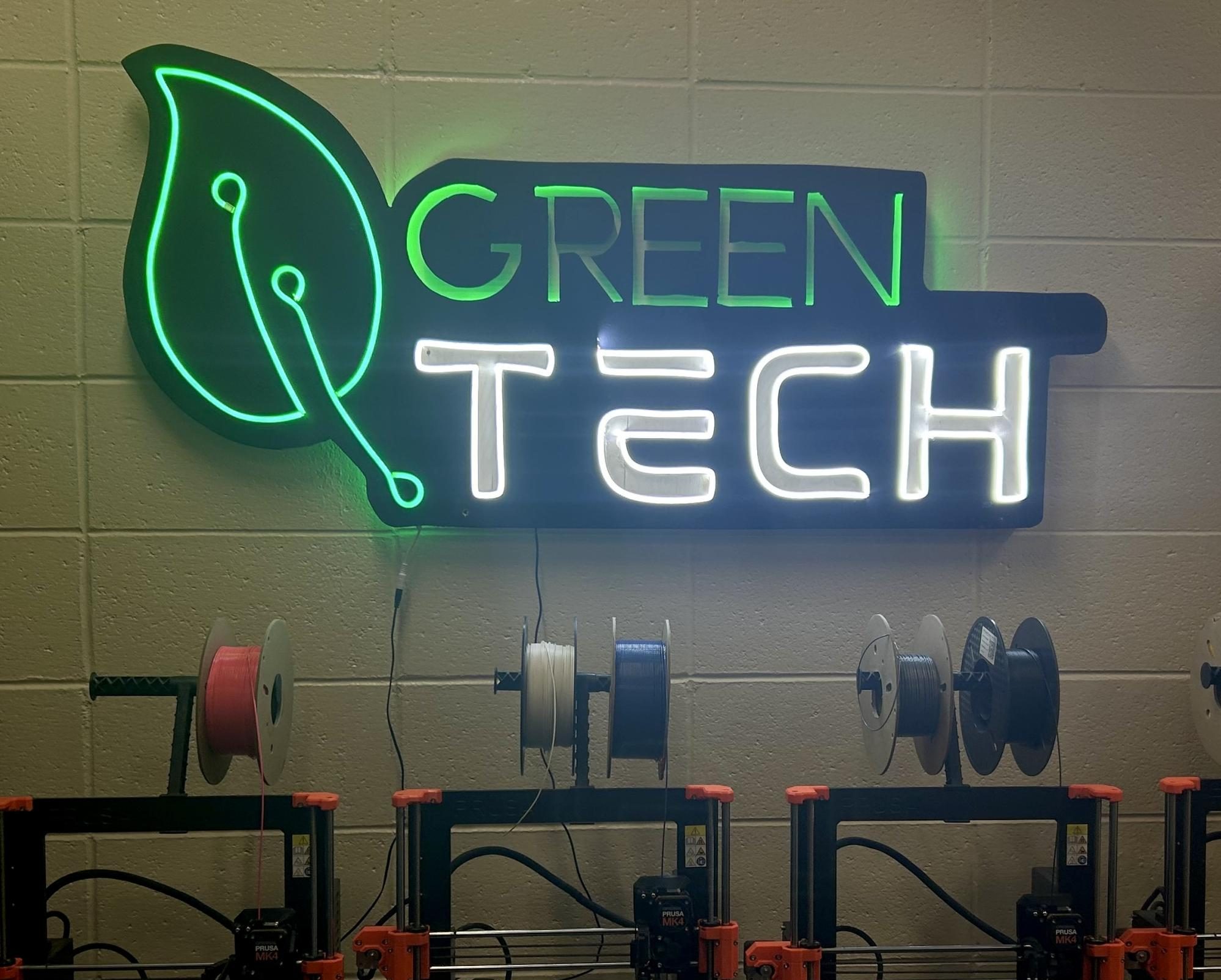 Green Tech's LED sign, welcoming all students to room 115.
