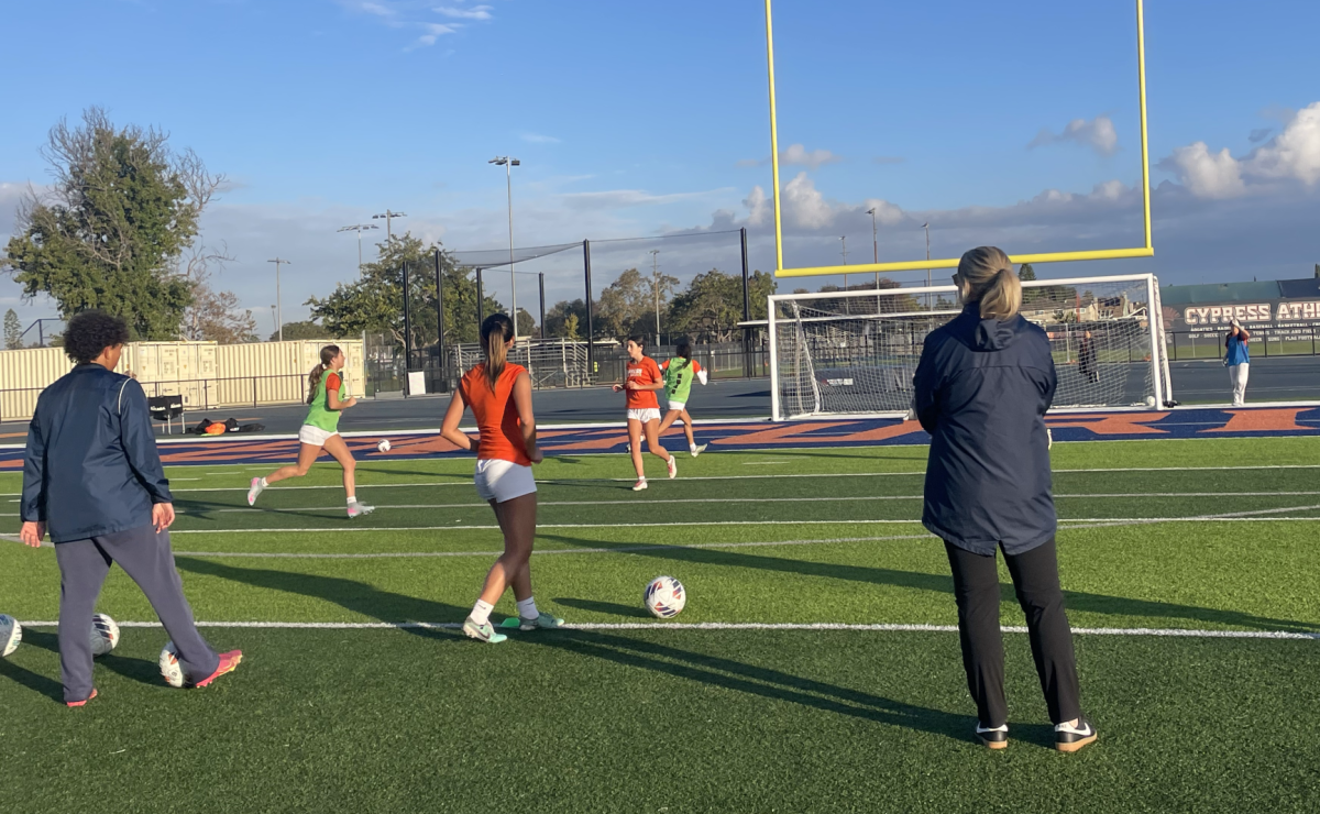 Early in the morning before school, Varsity Girl's Soccer does drills from 6:30 AM to 7:45 AM