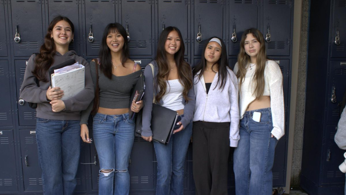 During lunch, Carly Delgado, Hayden Gonzalez, Anastasia Hoang, Mikayla Polanco, and Emily Miranda (lft. to rt.) socialize, in their color schemes. 